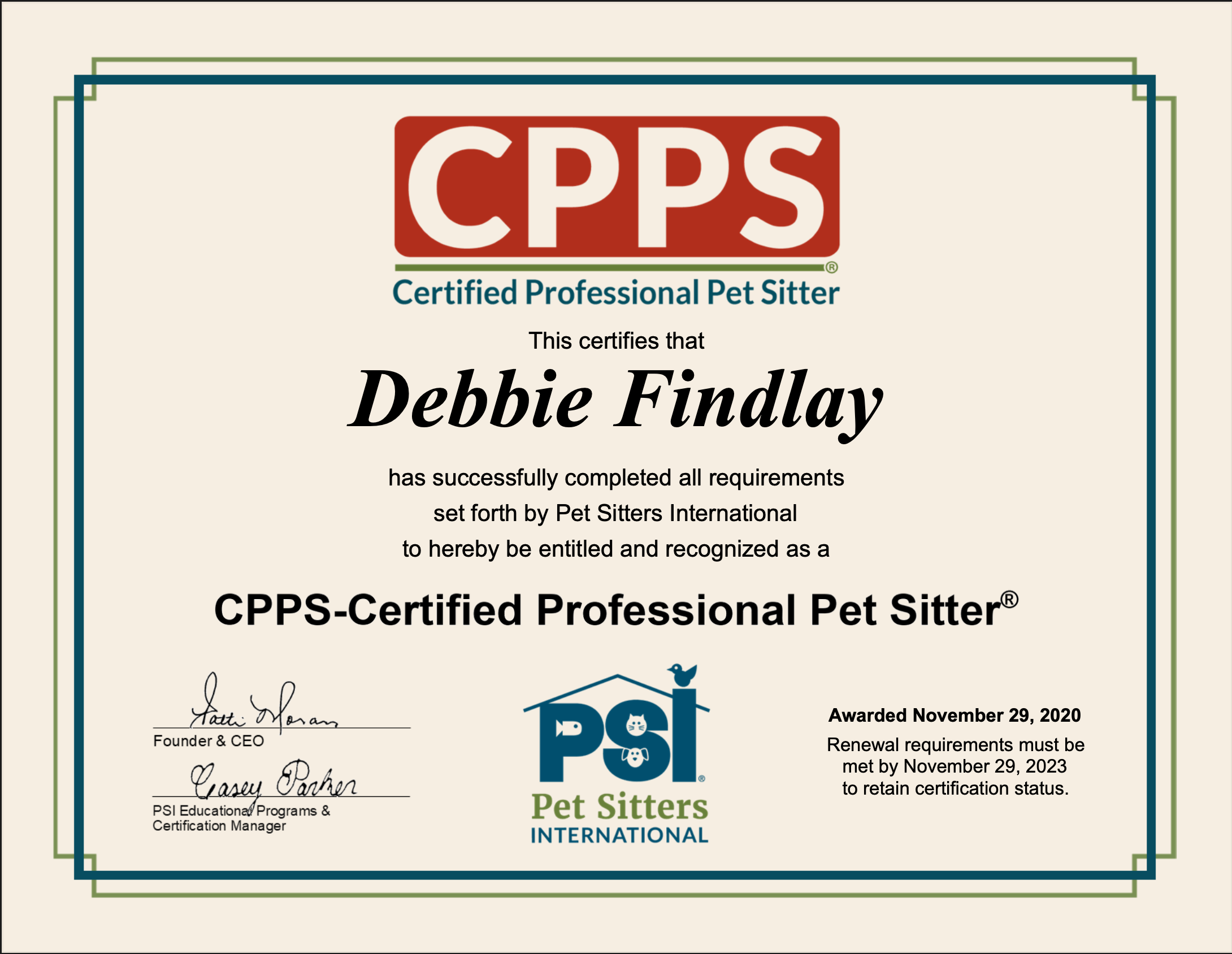 Home Sweet Home Petsitting CPPS certificate