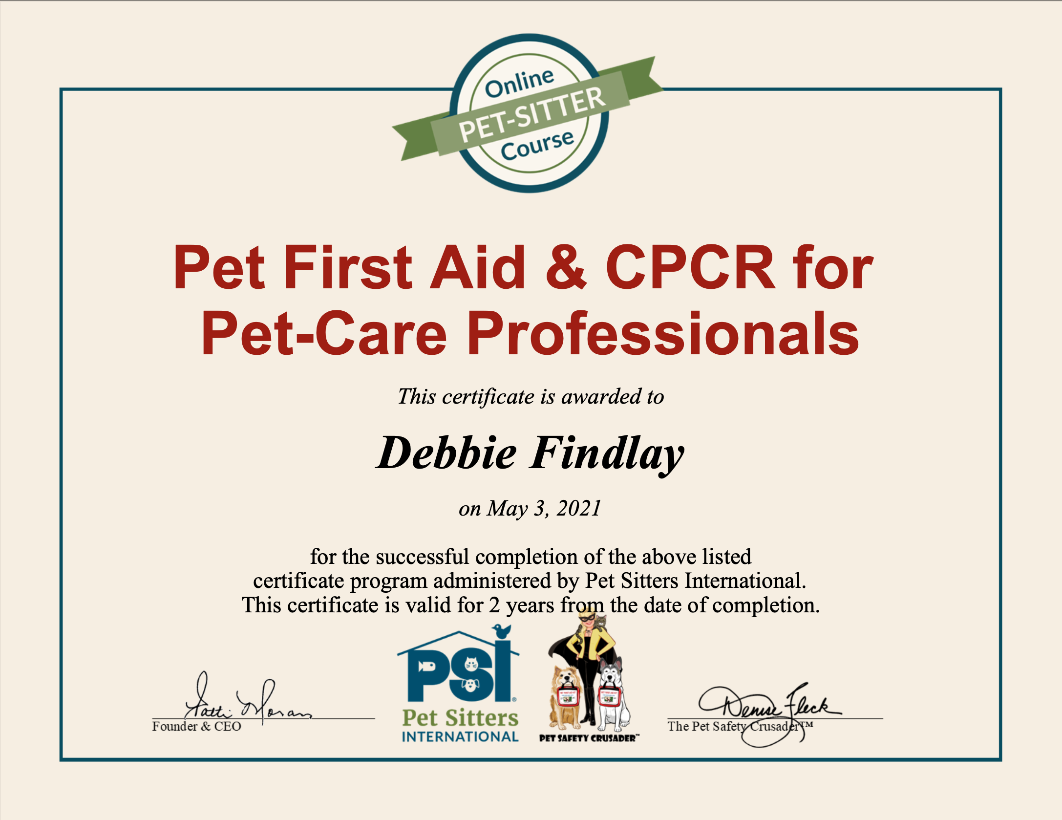 Home Sweet Home Petsitting CPCR certificate